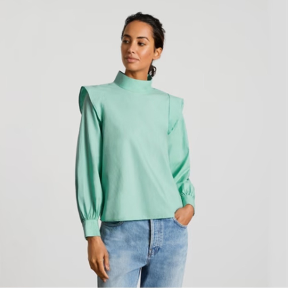 Everlane mint green high mock neck long sleeve blouse cotton size 2